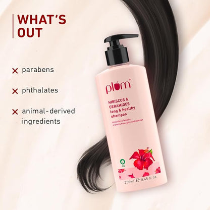 "Plum Hibiscus & Ceramides Long & Healthy Shampoo|Helps Boost Hair Growth, Hydrates & Conditions hair, Prevents Split Ends|Contains Hibiscus Extracts, Ceramides| SLS-Free, Paraben-Free| 100% vegan