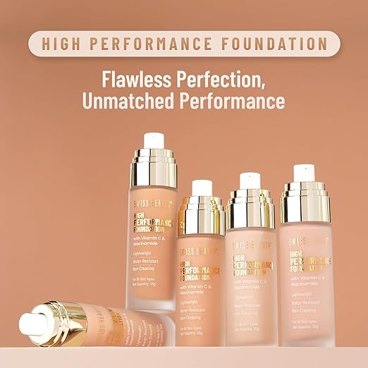 Swiss Beauty High Performance Foundation | Water-Resistant | Medium to Buildable Coverage | Lightweight | Easy to Blend | With Vitamin C & Niacinamide | Medium-Beige, 55g