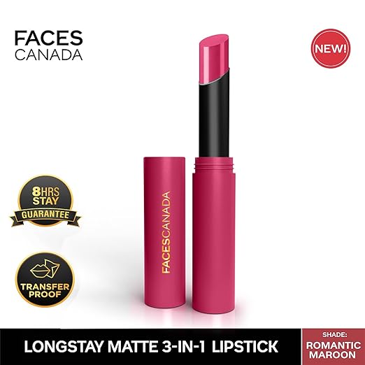 FACESCANADA Long Stay 3-in-1 Matte Lipstick - Haute Plum 08, 2g | 8HR Longstay | Transfer Proof | Moisturizing | Chamomile & Shea Butter | Primer-Infused | Lightweight | Intense Color Payoff