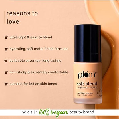 Plum Soft Blend Weightless Foundation | With Hyaluronic Acid | Matte Finish | Super Hydrating | 100% Vegan & Cruelty-Free | Bloom Beige - 117P