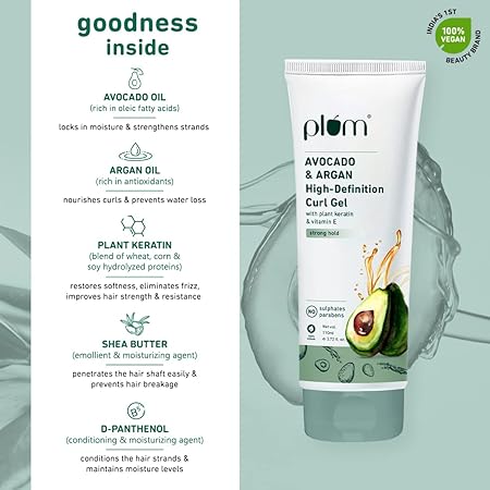 Plum Avocado & Argan High-Definition Curl Gel I Contains Avocado Oil, Argan Oil, Plant Kertain, D-Panthenol & Vitamin E I | Sulphate-Free I Paraben-Free I 100% Vegan