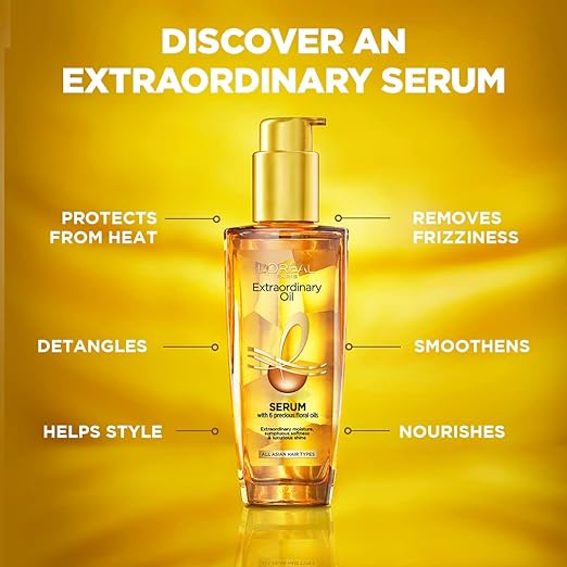 L'Oreal Paris Serum, Protection and Shine, For Dry, Flyaway & Frizzy Hair, With 6 Rare Flower Oils, Extraordinary Oil, 100ml