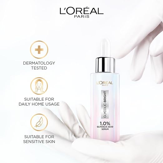 L'Oreal Paris Brightening Serum, 1% Glycolic Acid, 2% Niacinamide Serum, Visibly Minimizes Spots, Reveals Even Skin Tone, Glycolic Bright Skin, 30ml