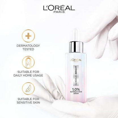 L'Oreal Paris Brightening Serum, 1% Glycolic Acid, 2% Niacinamide Serum, Visibly Minimizes Spots, Reveals Even Skin Tone, Glycolic Bright Skin, 30ml