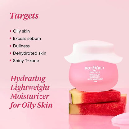 Dot & Key Watermelon Superglow Matte Oil Free Moisturizer for Face with Watermelon Extracts | Lightweight Gel, Controls Excess Oil, Hydrates & Plumps Skin, With Glycolic Acid & Hyaluronic Acid for Oily Skin | 60ml