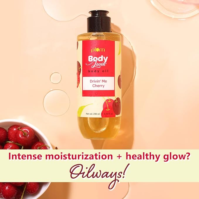 Plum BodyLovin' Drivin' Me Cherry Body Oil | Intense Moisture & Instant Glow | Long Lasting Cherry Fragrance | Non-Greasy & Lightweight | Soft & Nourished Skin | For Dry To Very Dry Skin (200 ml)