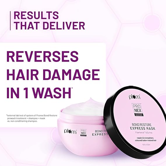 Plum ProNexTM Bond Restore Express Mask | With Patented Techology - Fiberhance®, Symhair® Restore and Quinoa Extracts | Sulphate-Free | 100% vegan | Strengthens and repairs damaged hair bonds