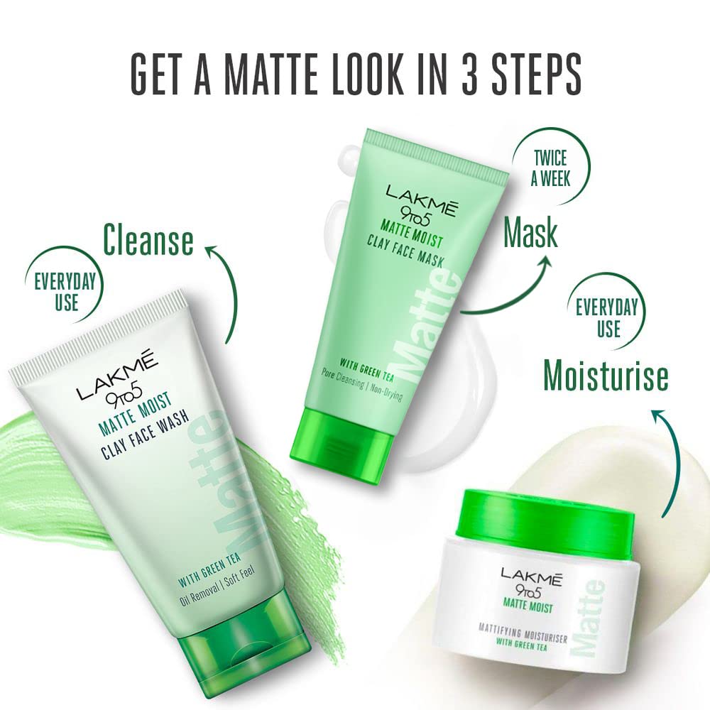 Lakme 9to5 Matte Moist Clay Facewash, Green Tea, Kaolin and Bentonite Clay, Removes Excess Oil, Cleansed, Refreshed Matte Looking Skin, 100g