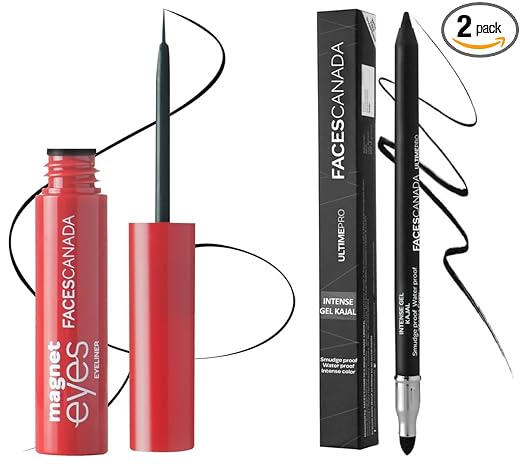 Faces Canada Magneteyes Eyeliner Black 01 3.5 ml (Black) & Faces Canada Ultime Pro Intense Gel Kajal 1.2 g With Free Sharpener (Black)