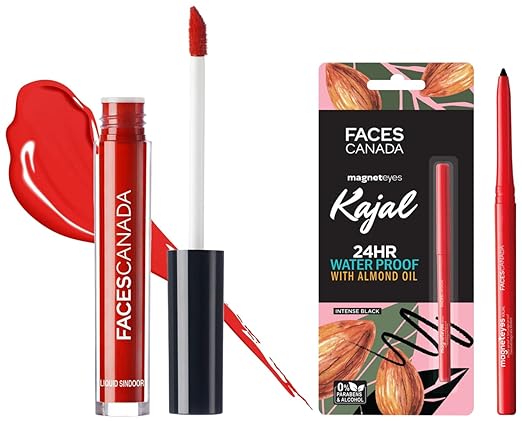 FACESCANADA Magnet Eyes Kajal, Waterproof,24Hrs Long Stay,Smudgeproof,Fadeproof,Almond Oil&Vit E Enriched,One Stroke Smooth Glide, Black 0.35G&Faces Liquid Sindoor,Red,2.5Ml,Matte Finish