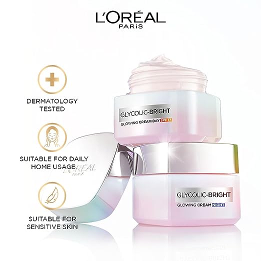 L'Oréal Paris Glycolic Bright Day Cream with SPF 17, 50ml Skin Brightening Cream with Glycolic Acid that Visbily Minimizes Spots & Reveals Even Toned Skin