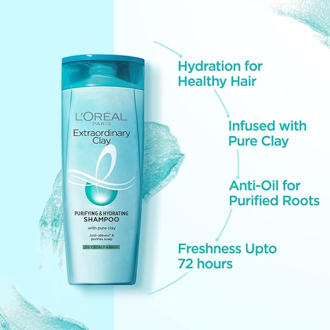 L'Oreal Paris Purifying and Hydrating Shampoo, Rebalancing & Hydrating, For Oily Roots & Dry Ends, Extraordinary Clay, 650 ml