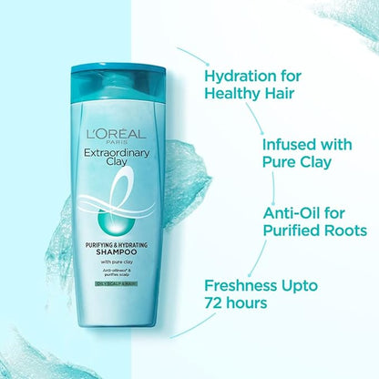 L'Oreal Paris Purifying and Hydrating Shampoo, Rebalancing & Hydrating, For Oily Roots & Dry Ends, Extraordinary Clay, 650 ml