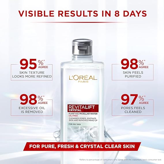 L'Oréal Paris Purifying Micellar Water, Cleanses pores and Removes Makeup, With Oil-Free Technology, Revitalift Crystal, 400ml