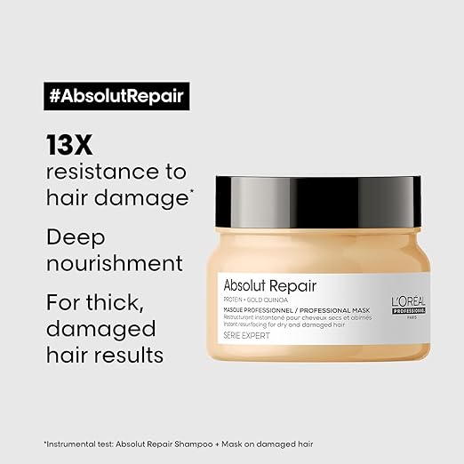 L'Oréal Professionnel Serie Expert Absolut Repair Mask | Hair mask provides deep conditioning & strength | With Gold Quinoa & Wheat Protein (250gms)