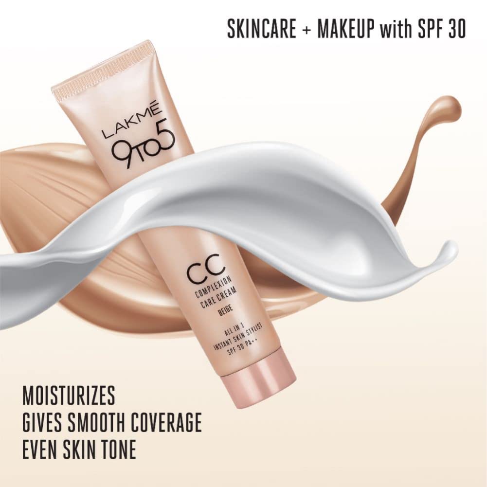 Lakme 9 to 5 CC Cream  Beige ,Light Face Makeup with Natural Coverage, SPF 30 - Tinted Moisturizer to Brighten Skin, Conceal Dark Spots 30g