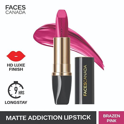 FACESCANADA Matte Addiction Lipstick - Brazen Pink, 3.7g | 9HR Longstay | HD Luxe Finish | Intense Color | Hydrating Comfort | Primer Infused | Smooth Creamy Texture | With Mulberry & Shea Butter