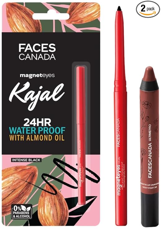 FACESCANADA Faces Magnet Eyes Kajal, 0.35G & Ultime Pro Matte Lip Crayon-Wrapped Up 2.8 G Combo, Multicolor