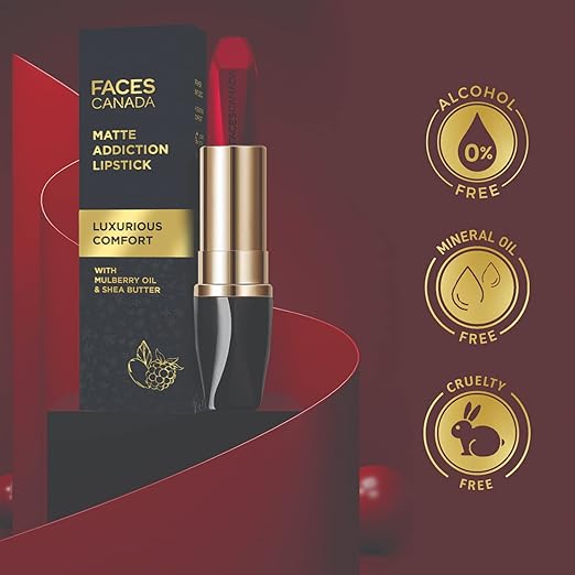 FACESCANADA Matte Addiction Lipstick - Vintage Red, 3.7g | 9HR Longstay | HD Luxe Finish | Intense Color | Hydrating Comfort | Primer Infused | Smooth Creamy Texture | With Mulberry & Shea Butter