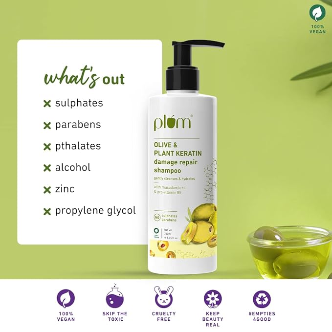 Plum Olive and Plant Keratin Shampoo for Dry, Damaged Hair, with Olive Oil, Plant Keratin, Macadamia Oil I Plant Keratin Shampoo For Women & Men | Sulphate and Paraben Free I 250ml