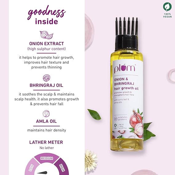 Plum Onion Hair Oil for Hair Fall and Regrowth with Bhringraj Oil, Curry Leaves and Amla Oil I Hair Growth Oil I For Women and Men | Paraben Free I 100ml