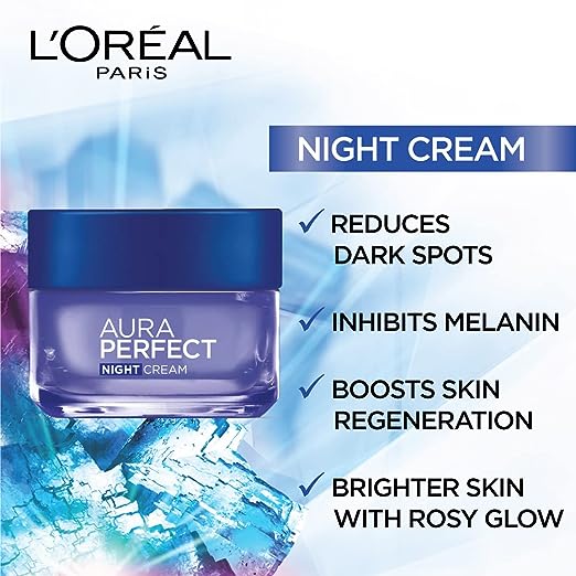 L'Oreal Paris Aura Perfect Night Cream, Moisturising and Brightening, With Vitamin C + Vitamin E + Tourmaline Gemstone, 50ml