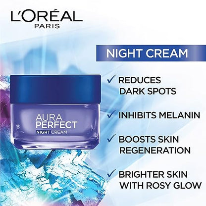 L'Oreal Paris Aura Perfect Night Cream, Moisturising and Brightening, With Vitamin C + Vitamin E + Tourmaline Gemstone, 50ml