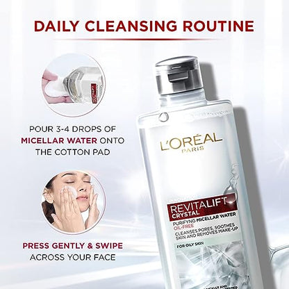 L'Oreal Paris Purifying Micellar Water, Cleanses pores and Removes Makeup, With Oil-Free Technology, Revitalift Crystal, 95ml