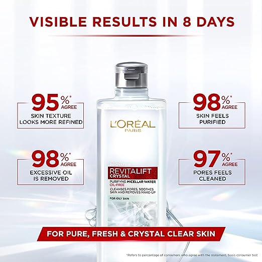 L'Oreal Paris Purifying Micellar Water, Cleanses pores and Removes Makeup, With Oil-Free Technology, Revitalift Crystal, 95ml