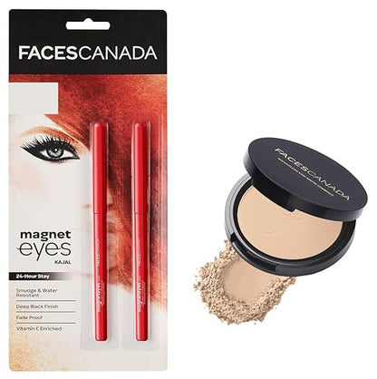 FACESCANADA Magneteyes Kajal- 2 In 1 Black, Black, & Faces Canada Weightless Matte Compact SPF 20, Enriched with Shea Butter and Vitamin E, Non Oily Matte Finish, Ivory 9gm