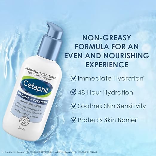 Cetaphil Optimal Hydration Replenishing Body Lotion 237ml | Lightweight & non-greasy | Hyaluronic Acid, Sunflower Oil, Blue Daisy extract | Dermatologist Recommended for Sensitive Skin