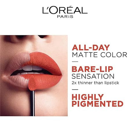 L'Oréal Paris Lipstick, Liquid Format with Matte Finish, Oil-In-Water Formula, Breathable and Lightweight Feel, Non-Flaking, Colour: 143 I Liberate, 7ml