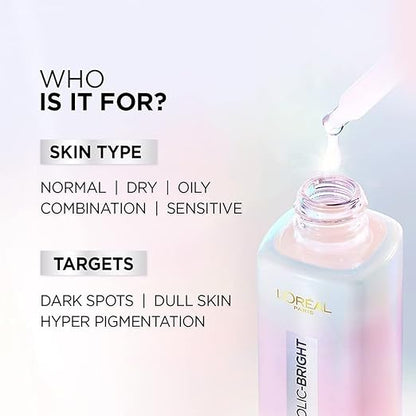 Pack Of 2 L'Oreal Paris Glycolic Bright Skin Brightening Serum, 15ml 1% Glycolic Acid For Dark Spots, Pigmentation & Uneven Skin Tone + Glycolic Bright Glowing Night Cream, 15ml, Regime