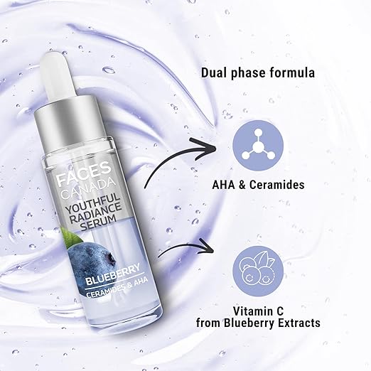 FACES CANADA Youthful Radiance Serum, 27 ml | Blueberry, AHA & Ceramides | Biphasic Face Serum | Anti-Ageing | Brightens, Hydrates, Moisturizes For Younger-Looking, Radiant Skin