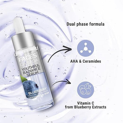 FACES CANADA Youthful Radiance Serum, 27 ml | Blueberry, AHA & Ceramides | Biphasic Face Serum | Anti-Ageing | Brightens, Hydrates, Moisturizes For Younger-Looking, Radiant Skin