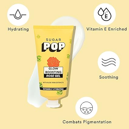 SUGAR POP Glow Boosting Rose Gel - Infused with Aloe Vera, Glycerin and Rose-Oil to keep your skin Soft & Smooth l Non-greasy Formula | Hydrates & Lightens Dark Spots l Face Moisturizer for Women