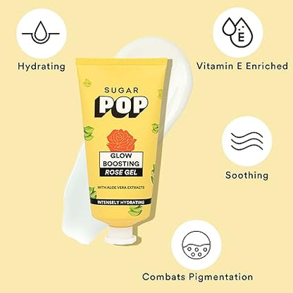 SUGAR POP Glow Boosting Rose Gel - Infused with Aloe Vera, Glycerin and Rose-Oil to keep your skin Soft & Smooth l Non-greasy Formula | Hydrates & Lightens Dark Spots l Face Moisturizer for Women