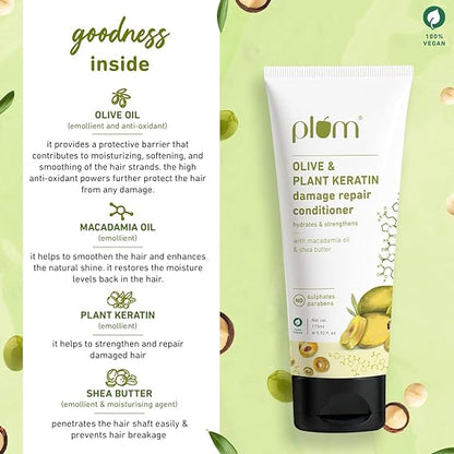 Plum Olive & Plant Keratin Damage Repair Conditioner I Contains Olive Oil, Plant Kertain, Macadamia Oil & Shea Butter | Sulphate-Free I Paraben-Free I 100% Vegan | 175 ml