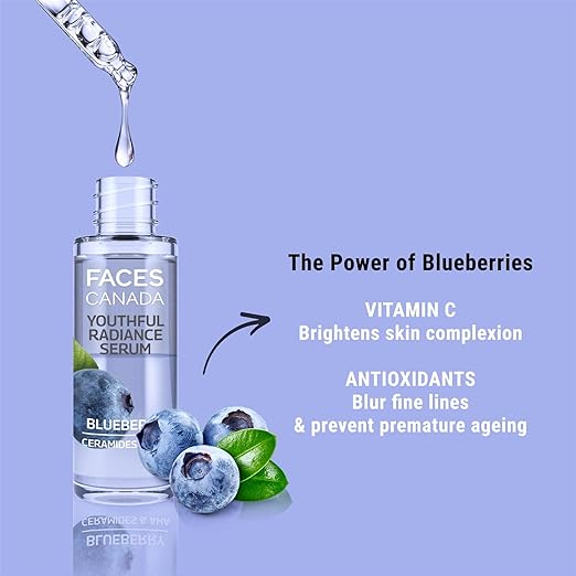 FACES CANADA Youthful Radiance Serum, 27 ml | Blueberry, AHA & Ceramides | Biphasic Face Serum | Anti-Ageing | Brightens, Hydrates, Moisturizes For Younger-Looking, Radiant Skin