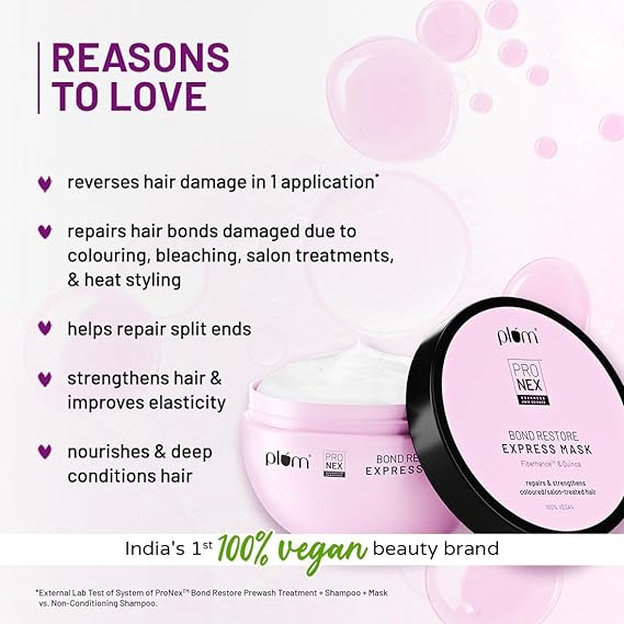 Plum ProNexTM Bond Restore Express Mask | With Patented Techology - Fiberhance®, Symhair® Restore and Quinoa Extracts | Sulphate-Free | 100% vegan | Strengthens and repairs damaged hair bonds