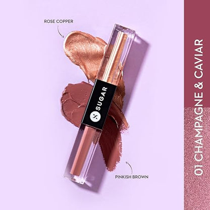 SUGAR Cosmetics Two Good To Be True Dual Eyeshadow |Matte & Metallic |Long-wearing | Smudge-proof | Transfer-proof | - 01 Champagne & Caviar, (1.5ml Each Side), Metallic, Shimmery & Matte Finish