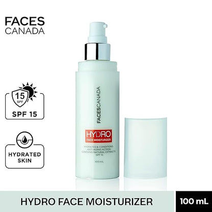 FACES CANADA Hydro Face Moisturiser, 100ml | Naturally Hydrating Moisturiser With SPF 15 | Anti Ageing | For Dry & Sensitive Skin | Evens Skin Tone | Masks Imperfections | Natural Ingredients