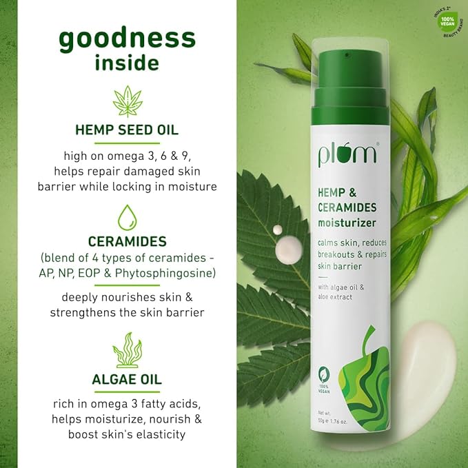 Plum Hemp & Ceramides Moisturizer | With Algae Oil & Aloe Extracts | Strengthens Skin Barrier | Reduces Breakouts & Soothes Imflamamtion | All Skin Types | 100% Vegan | 50g