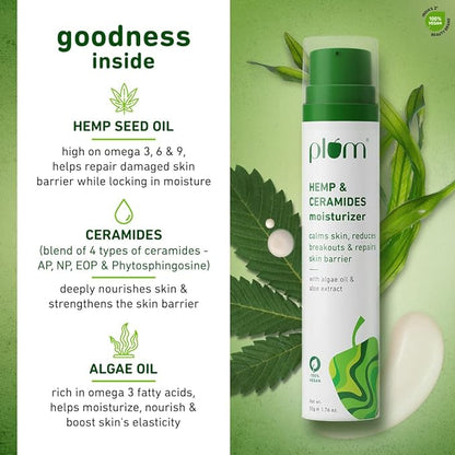 Plum Hemp & Ceramides Moisturizer | With Algae Oil & Aloe Extracts | Strengthens Skin Barrier | Reduces Breakouts & Soothes Imflamamtion | All Skin Types | 100% Vegan | 50g