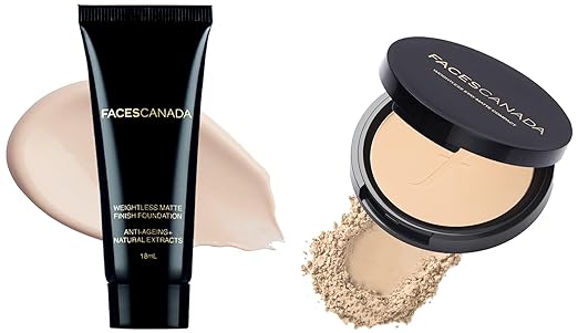 Faces Canada Weightless Stay Matte Compact Vitamin E & Shea Butter, Spf 20 Natural 02, 9 g & Faces Canada Weightless Matte Finish Foundation Mini 18 ml, Ivory 01, 1 count