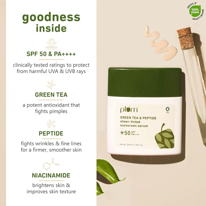 Plum Green Tea & Peptide Sheer-tinted Sunscreen Serum with SPF 50 & PA++++ | Universal Tint | Suits All Skin Tones | Fights Pimples | Prevents Wrinkles | UVA & UVB Protection | No White Cast | 100% Vegan | 100ML