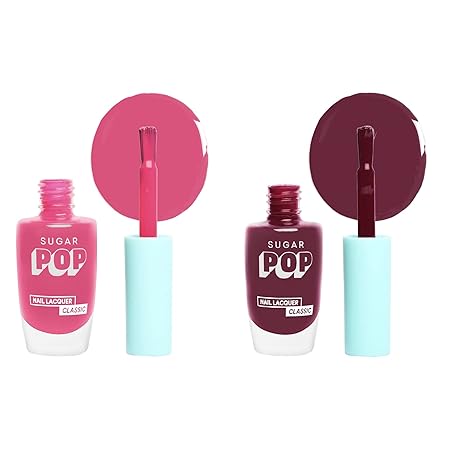 SUGAR POP Nail Lacquer - 22 Burgundy Bloom & 26 Pink Perfection – 10 ml - Dries in 45 seconds - Quick-drying, Chip-resistant, Long-lasting. Glossy high shine Nail Enamel/Polish for women.