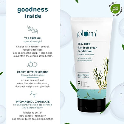 Plum Tea Tree Dandruff Clear Conditioner I With Tea tree oil, coconut oil & piroctone olamine I 175 ml| For All hair Types – Dandruff Control | Sulphate Free | Paraben- Free I 100% Vegan