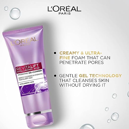 L'Oreal Paris Revitalift Gel Cleanser, Gentle Cleansing and Hydration, With Hyaluronic Acid, 100 ml