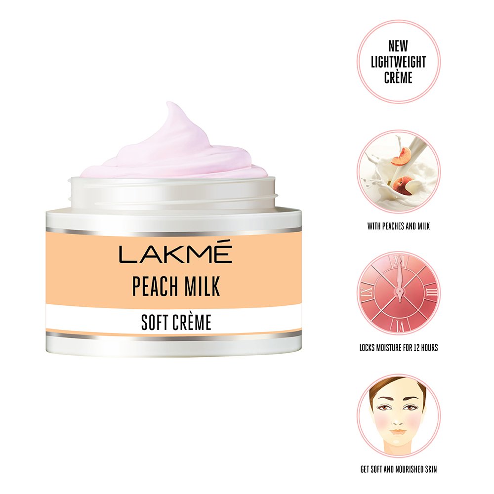 LAKMÉ Peach Milk Soft Creme Moisturizer, Lightweight Face Cream, Non Sticky, Locks Moisture For 24 Hours For Soft And Glowing Skin, 65 g